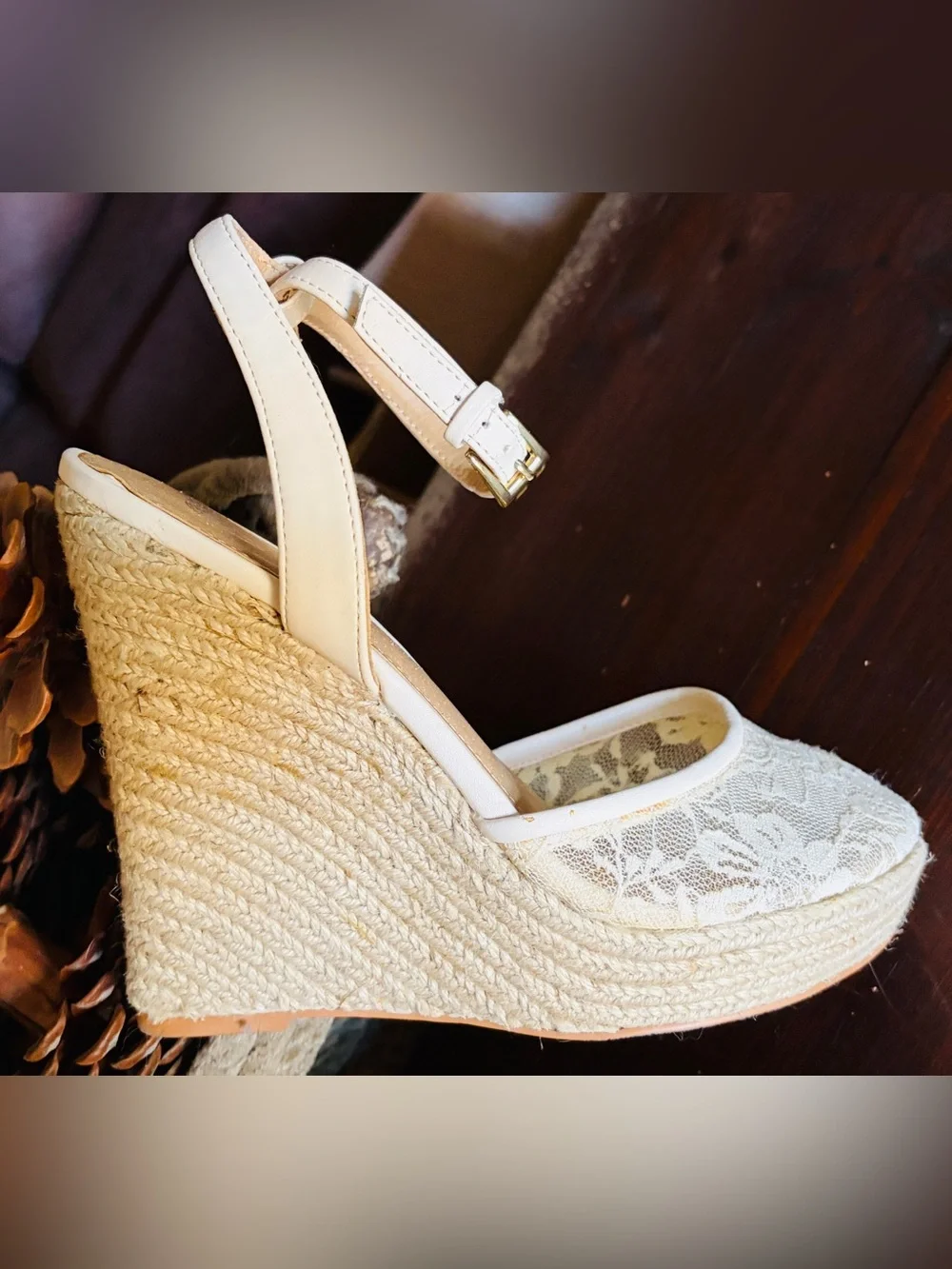 IVORY LACE ESPADRILLES WOVEN 5” HEEL 1” PLATFORM ANKLE STRAPS BEAUTIFUL SIZE 7B